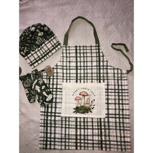 Kid’s Holiday Christmas Mushroom Forest Theme Apron , Oven Mitt, and Hat 3Pc Set